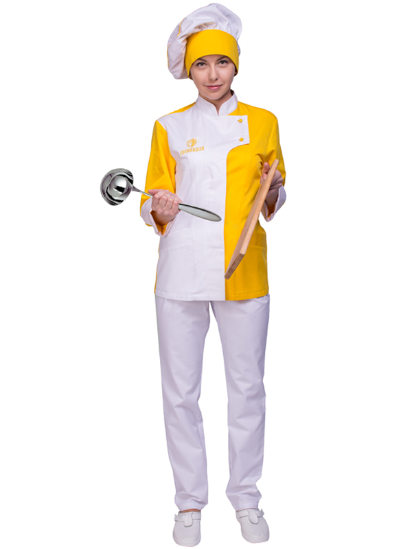 Костюм женский шеф-повара: блуза модель БП-4-15, брюки модель БРЖ-1-1, колпак модель ГУ-23-1
